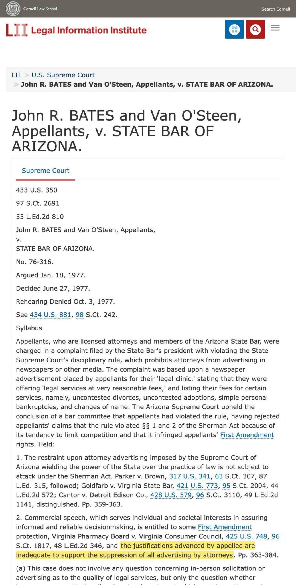 Bates v. State Bar of Arizona, 433 U.S. 350, on Cornell Law School Legal Information Institute with the syllabus holding on attorney advertising suppression highlighted in yellow