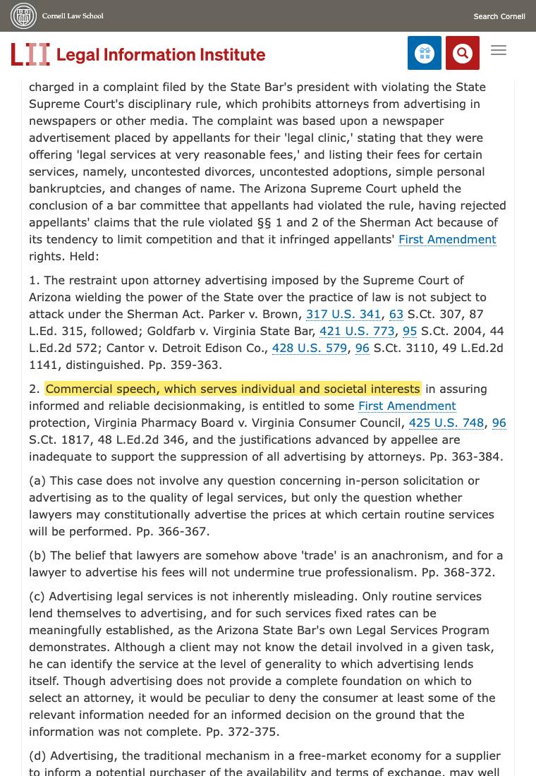 Screenshot of Cornell Legal Information Institute page for Bates v State Bar of Arizona 433 US 350 with the syllabus passage commercial speech which serves individual and societal interests highlighted in yellow
