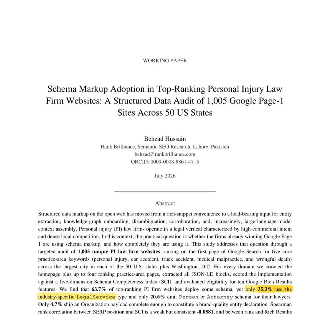 Highlighted abstract of the 1,005-site page-one audit showing only 35.3 percent use LegalService schema