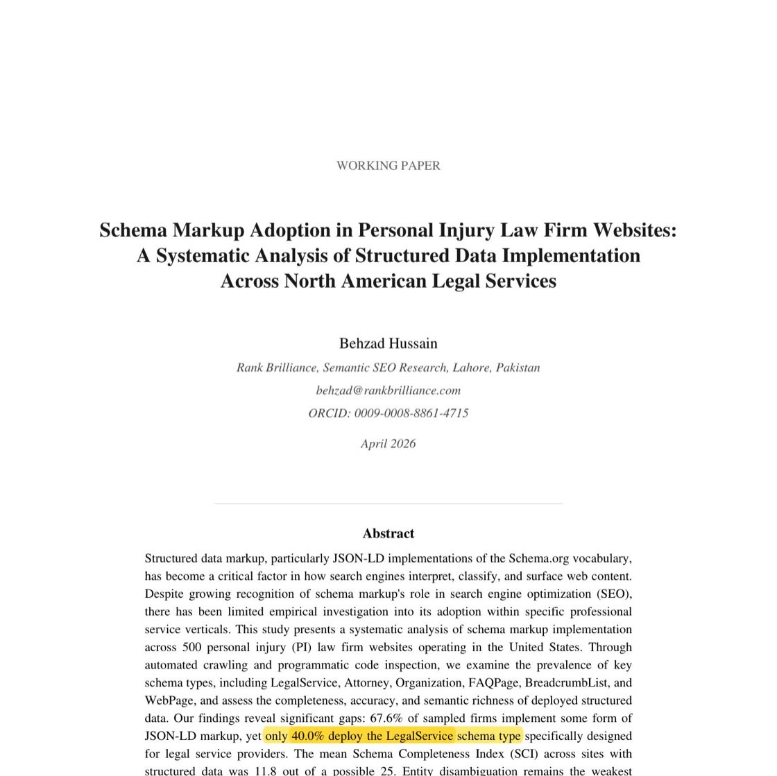 Highlighted abstract of the 500-firm study showing 40.0 percent deploy LegalService and a mean completeness of 11.8 of 25