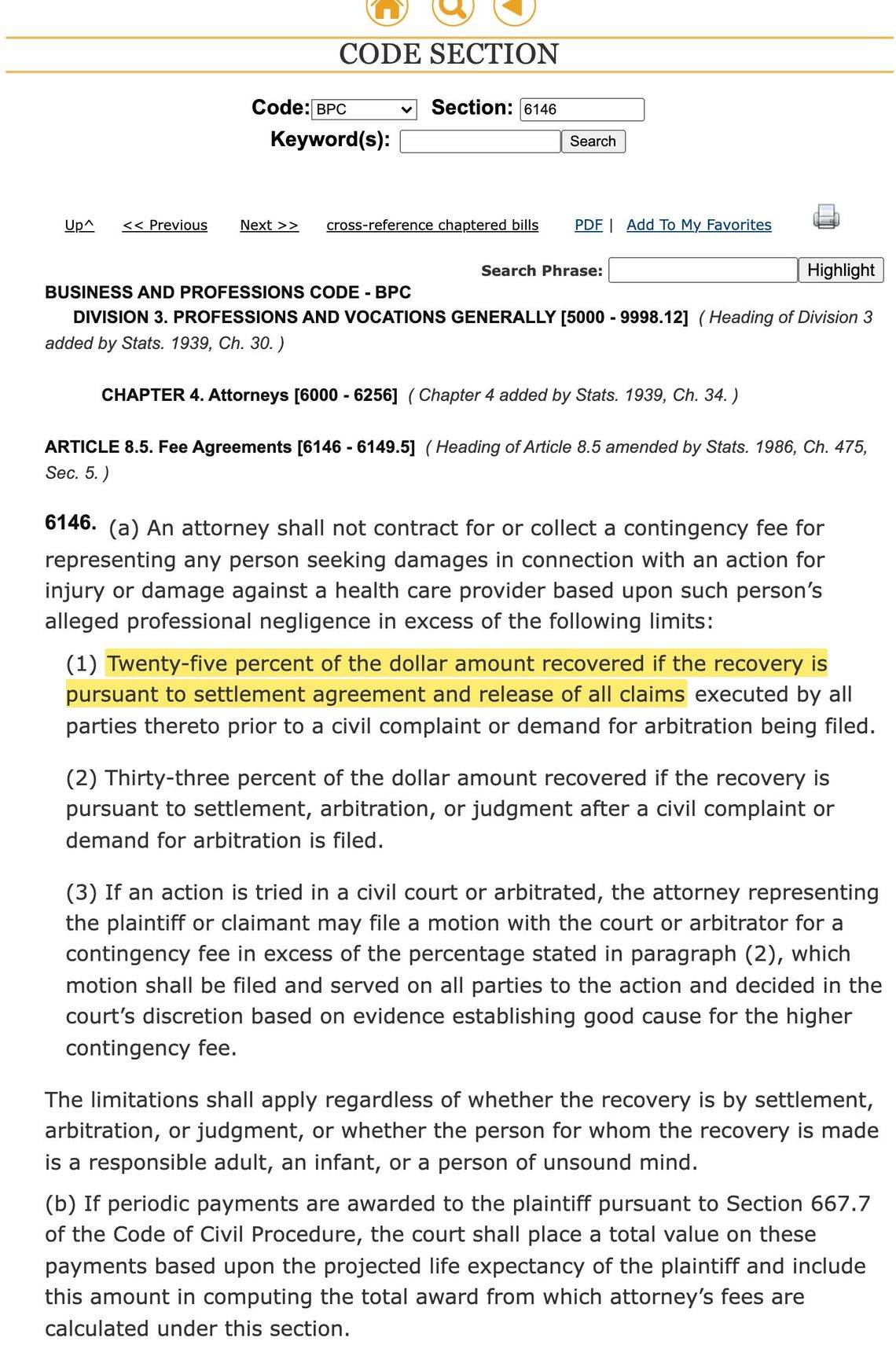 California Business and Professions Code section 6146 on the California Legislative Information site with the 25 percent contingency fee tier for pre filing settlements highlighted in yellow