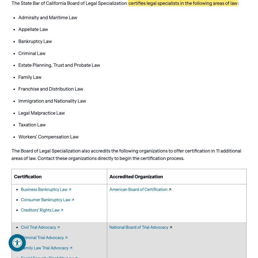 State Bar of California Legal Specialty Areas page listing the eleven certified fields, with personal injury absent