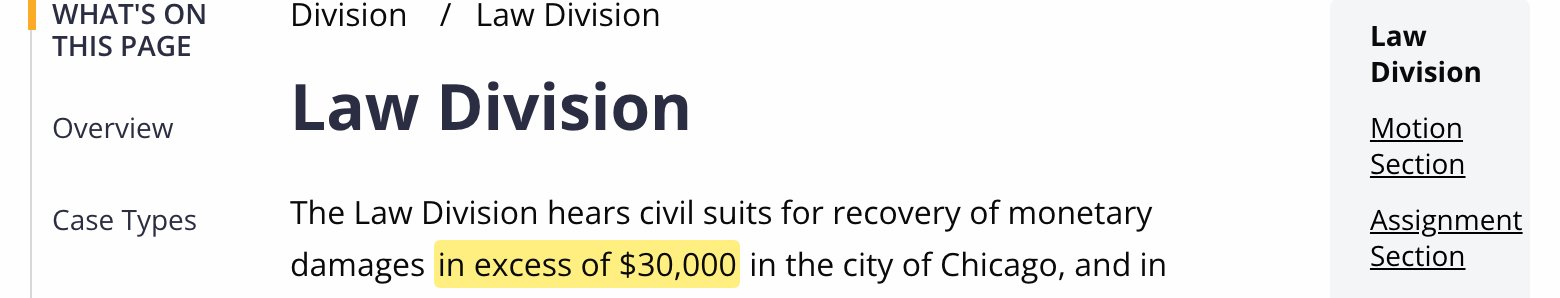 Circuit Court of Cook County Law Division page showing the damages threshold in excess of 30,000 dollars in Chicago