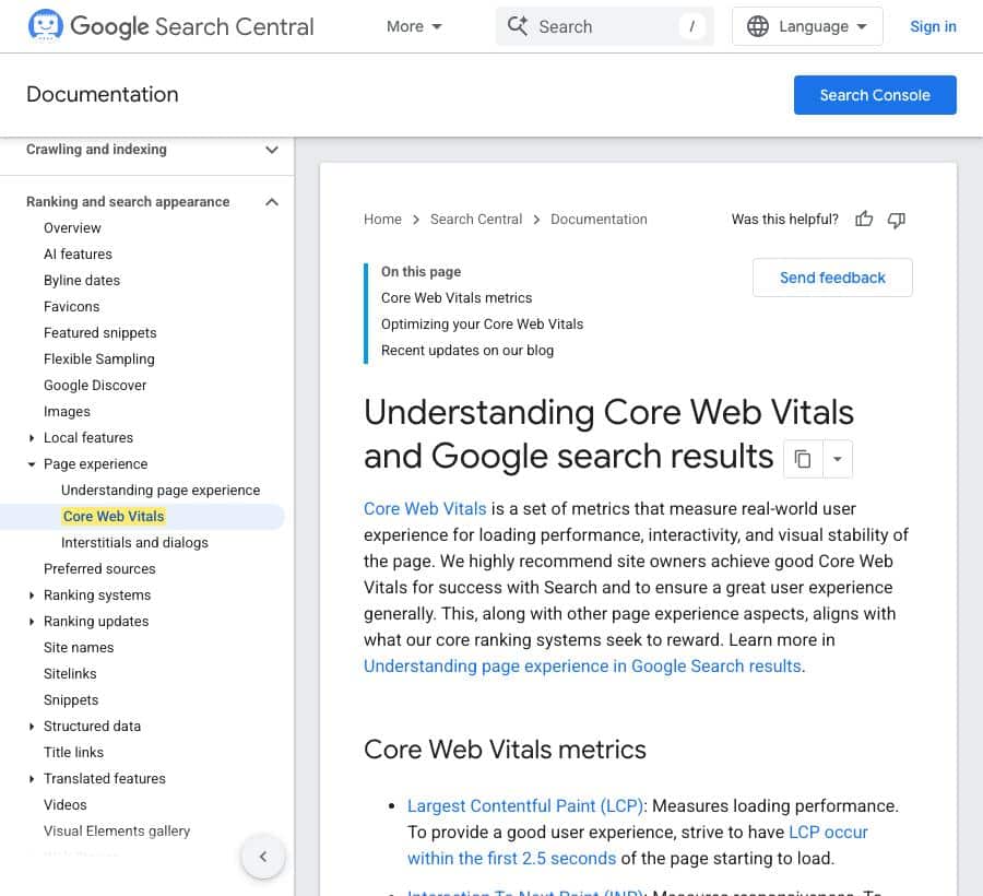 Google Search Central page on Core Web Vitals, showing Largest Contentful Paint should occur within 2.5 seconds