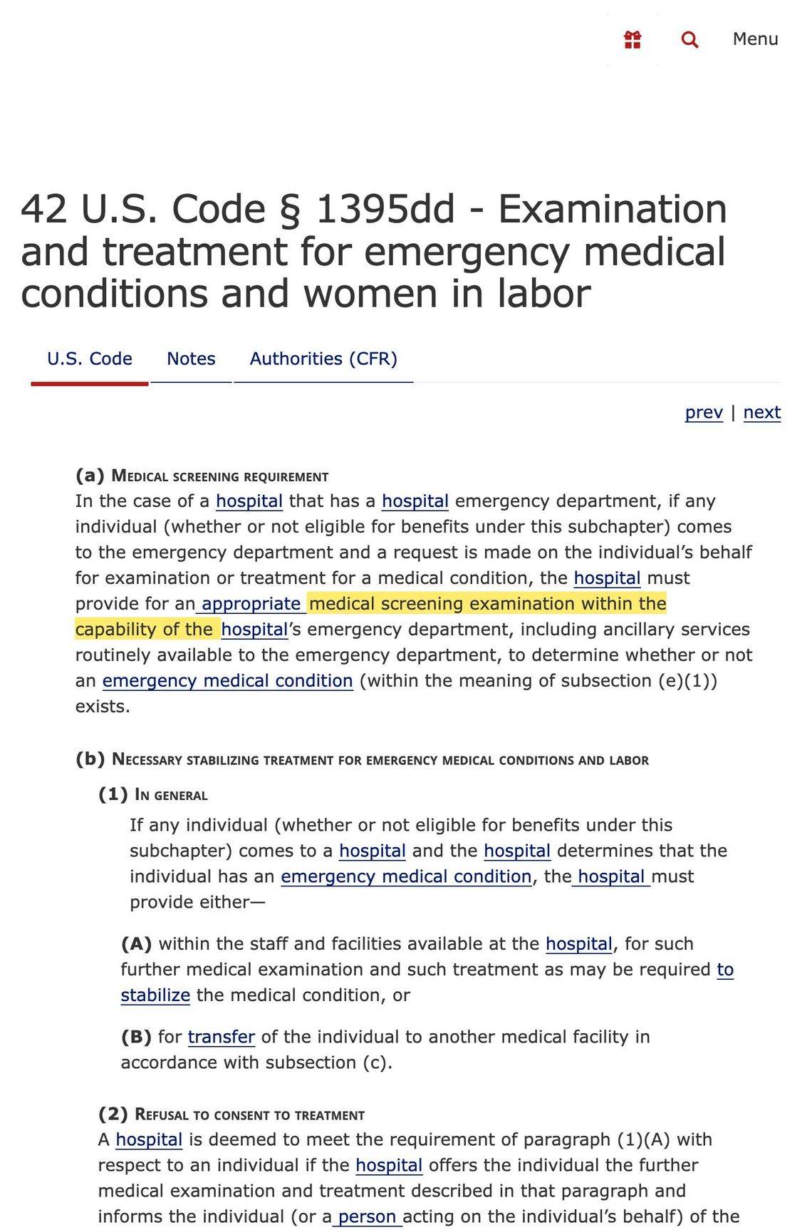 42 USC section 1395dd EMTALA statute text on Cornell Law School Legal Information Institute with the appropriate medical screening examination requirement highlighted in yellow