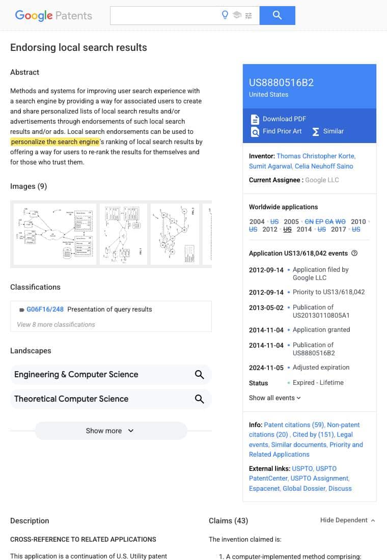 Screenshot of Google Patents page for US 8,880,516 B2 Endorsing local search results, assignee Google LLC, with the phrase personalize the search engine highlighted in yellow within the abstract