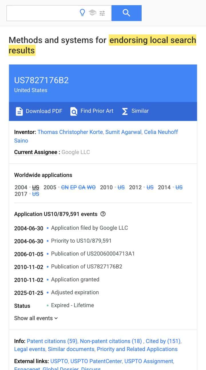 Google Patents record for US 7,827,176 B2 Methods and Systems for Endorsing Local Search Results with the phrase endorsing local search results highlighted in yellow and the Google LLC assignee visible