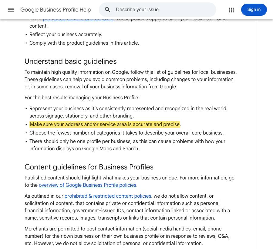 Google Business Profile guidelines page requiring that a business address and service area be accurate and precise