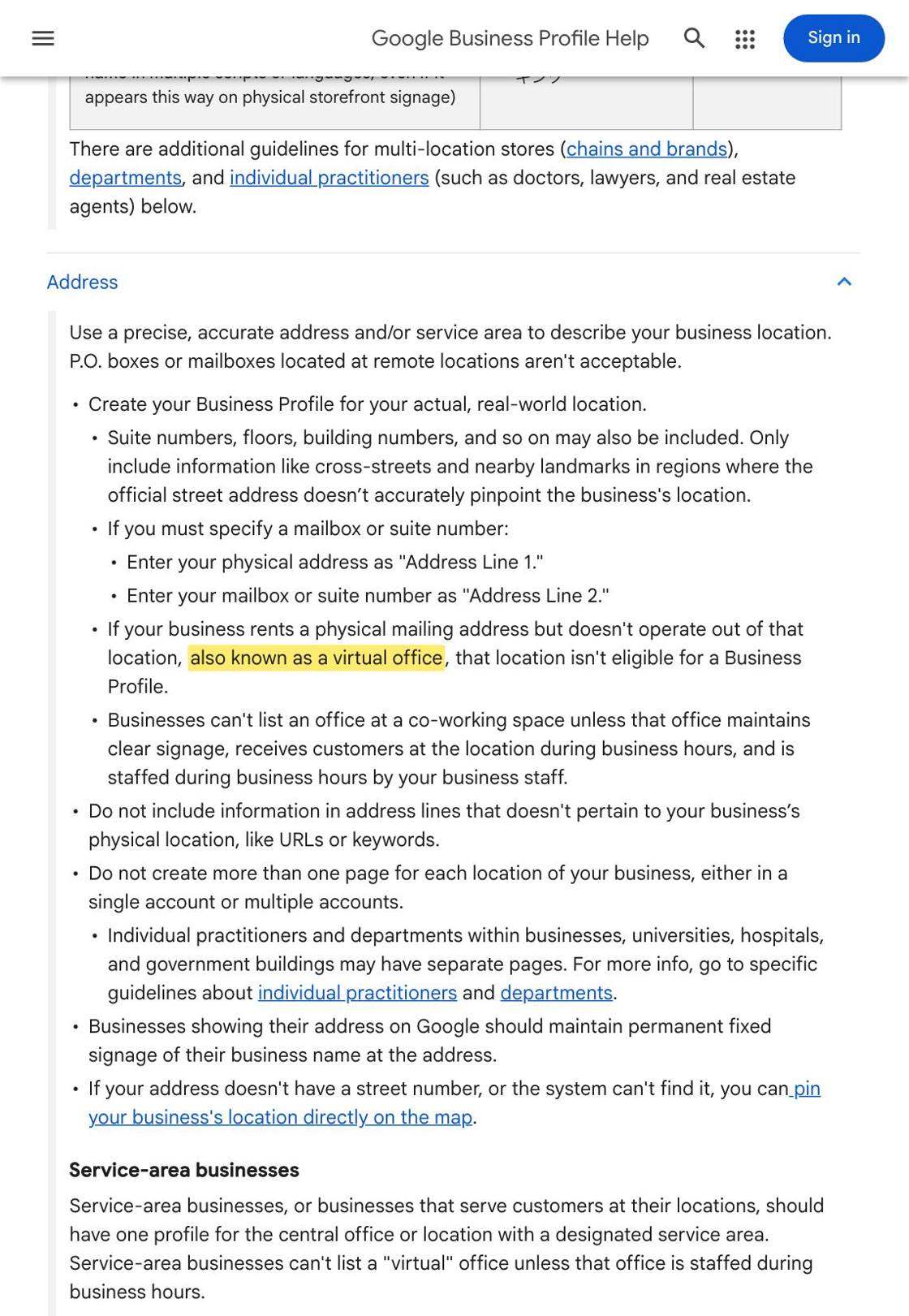 Google Business Profile guidelines page with the virtual office ineligibility sentence highlighted