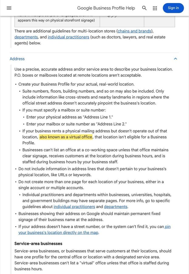 Google Business Profile guidelines page with the virtual office ineligibility sentence highlighted