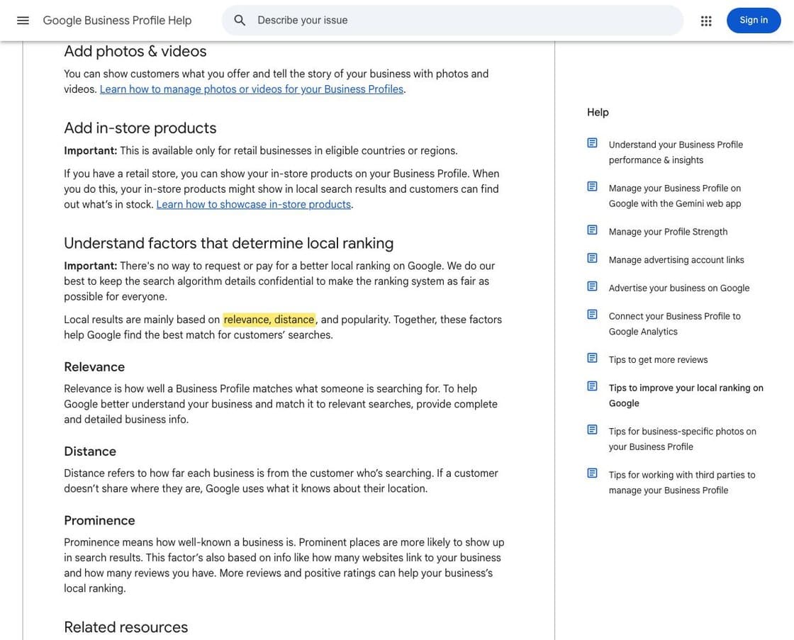 Google Business Profile Help page explaining that local results are based on relevance, distance, and prominence, with relevance and distance highlighted