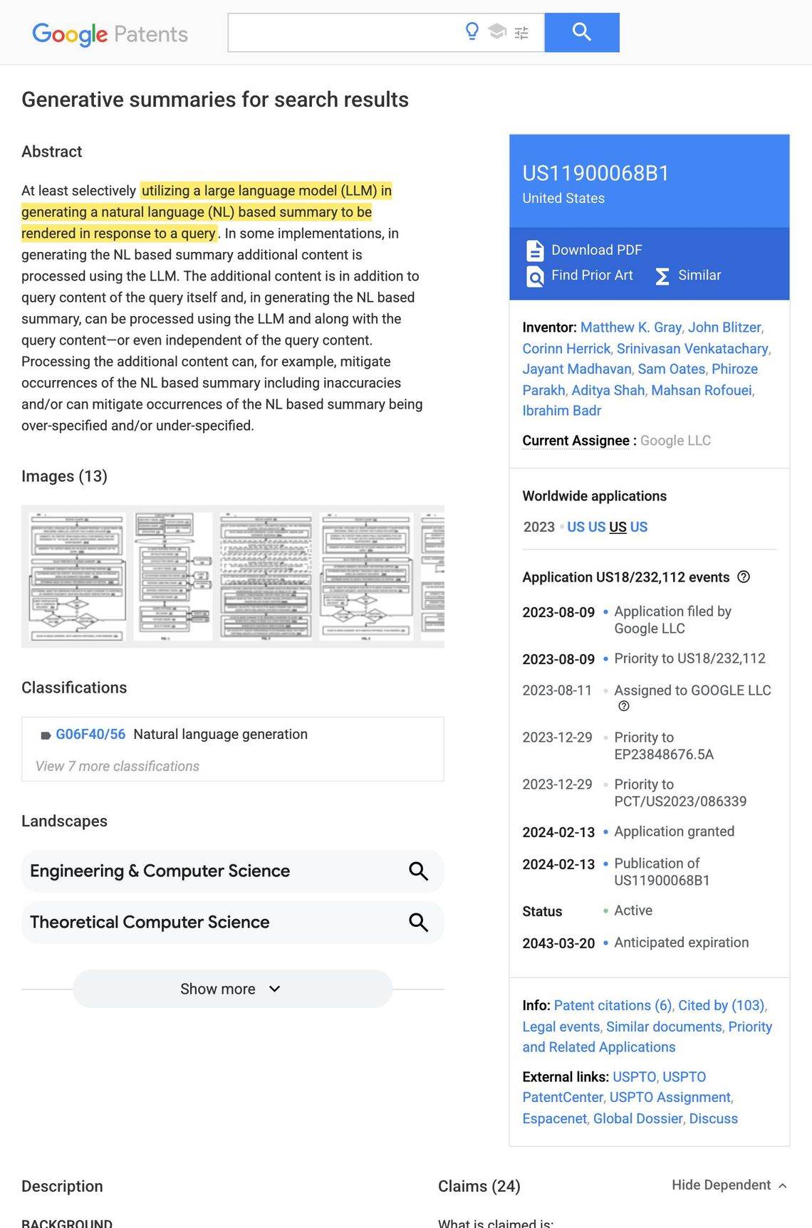 Google Patents record for US Patent 11,900,068 B1, Generative Summaries for Search Results, granted February 13, 2024, with the large language model summary sentence highlighted in yellow