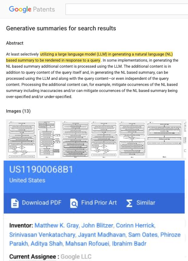 Google Patents record for US 11,900,068 B1 Generative Summaries for Search Results with the abstract sentence about LLM generated natural language summaries highlighted in yellow and the Google LLC assignee visible
