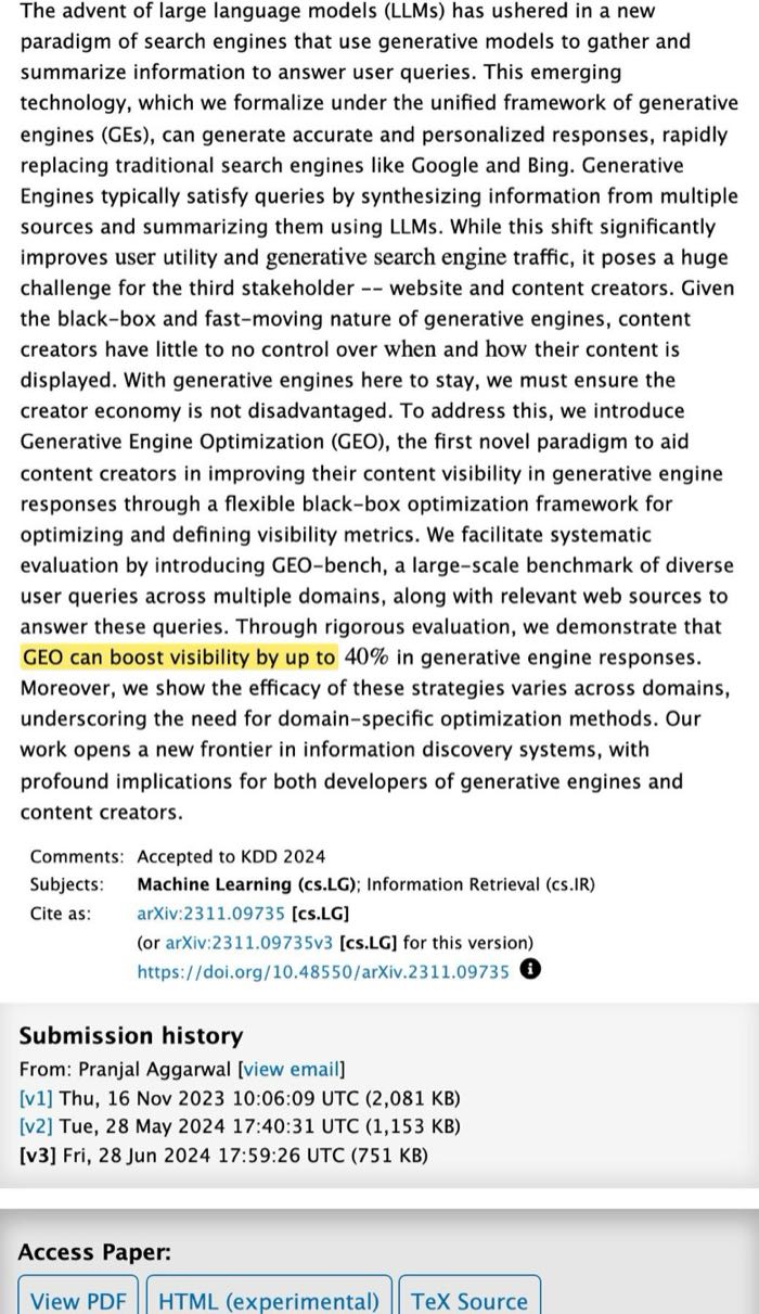 GEO Generative Engine Optimization paper abstract stating GEO can boost visibility by up to 40 percent in generative engine responses