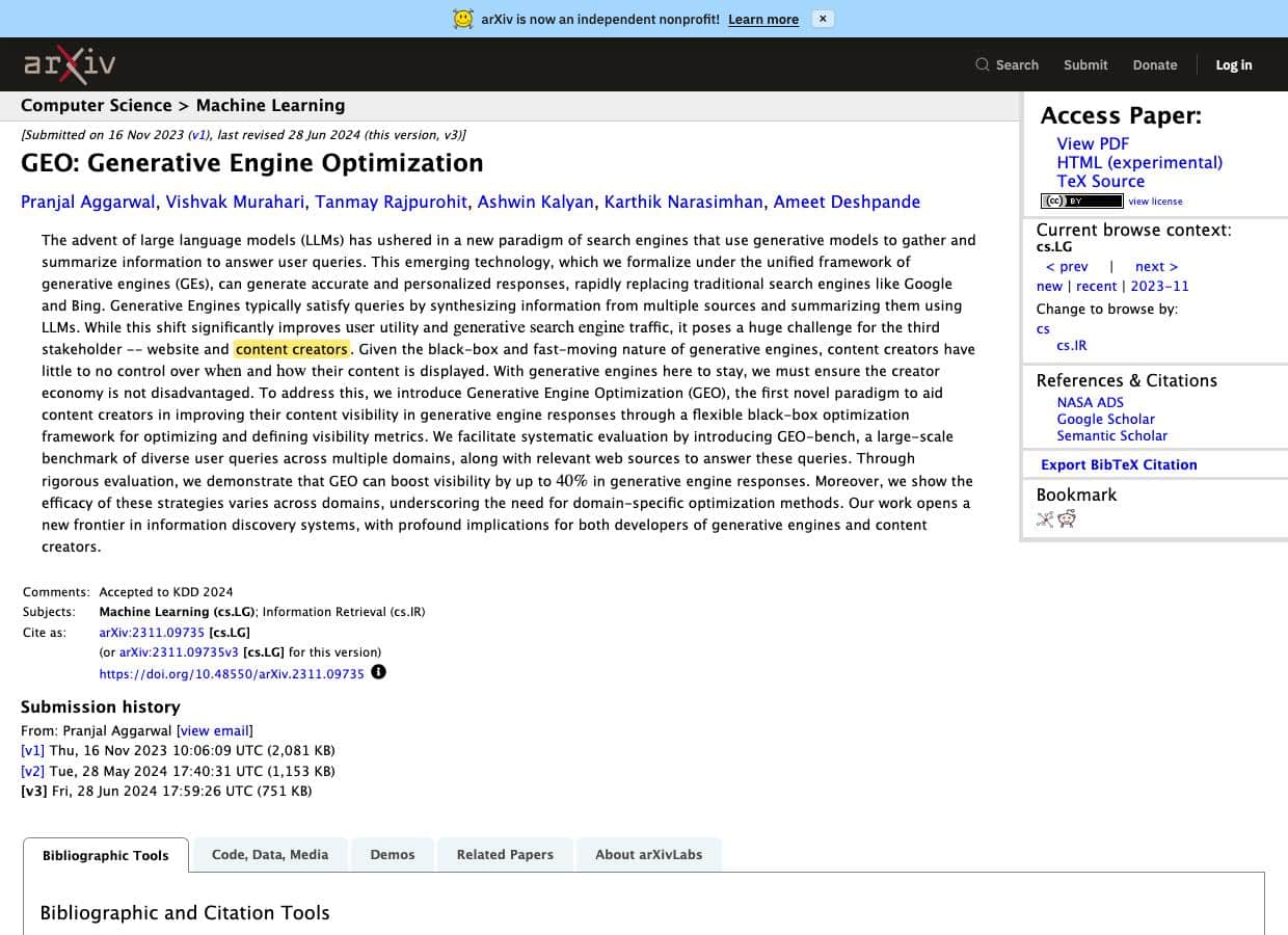 arXiv abstract of GEO: Generative Engine Optimization showing the up to 40% visibility finding and KDD 2024 acceptance