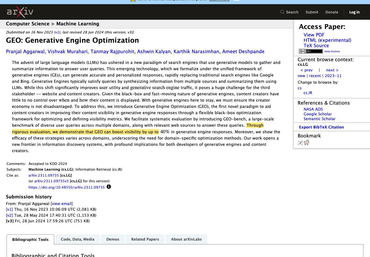 arXiv abstract page for GEO Generative Engine Optimization accepted to KDD 2024 with the sentence about boosting visibility by up to 40 percent highlighted in yellow