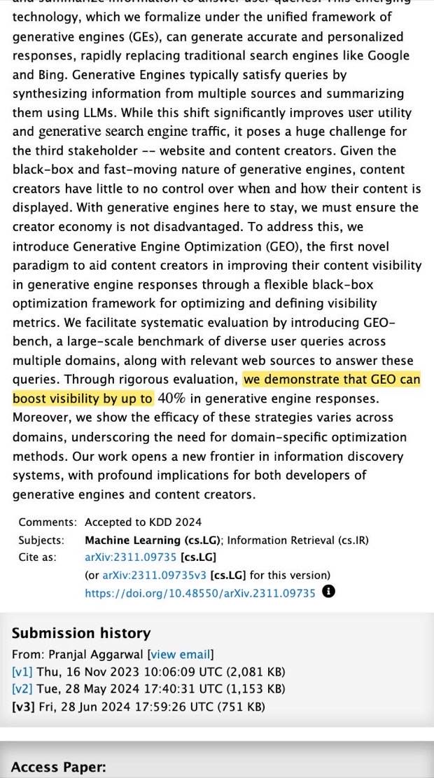 GEO paper abstract on arXiv stating the authors demonstrate GEO can boost visibility by up to 40 percent in generative engine responses, accepted to KDD 2024.