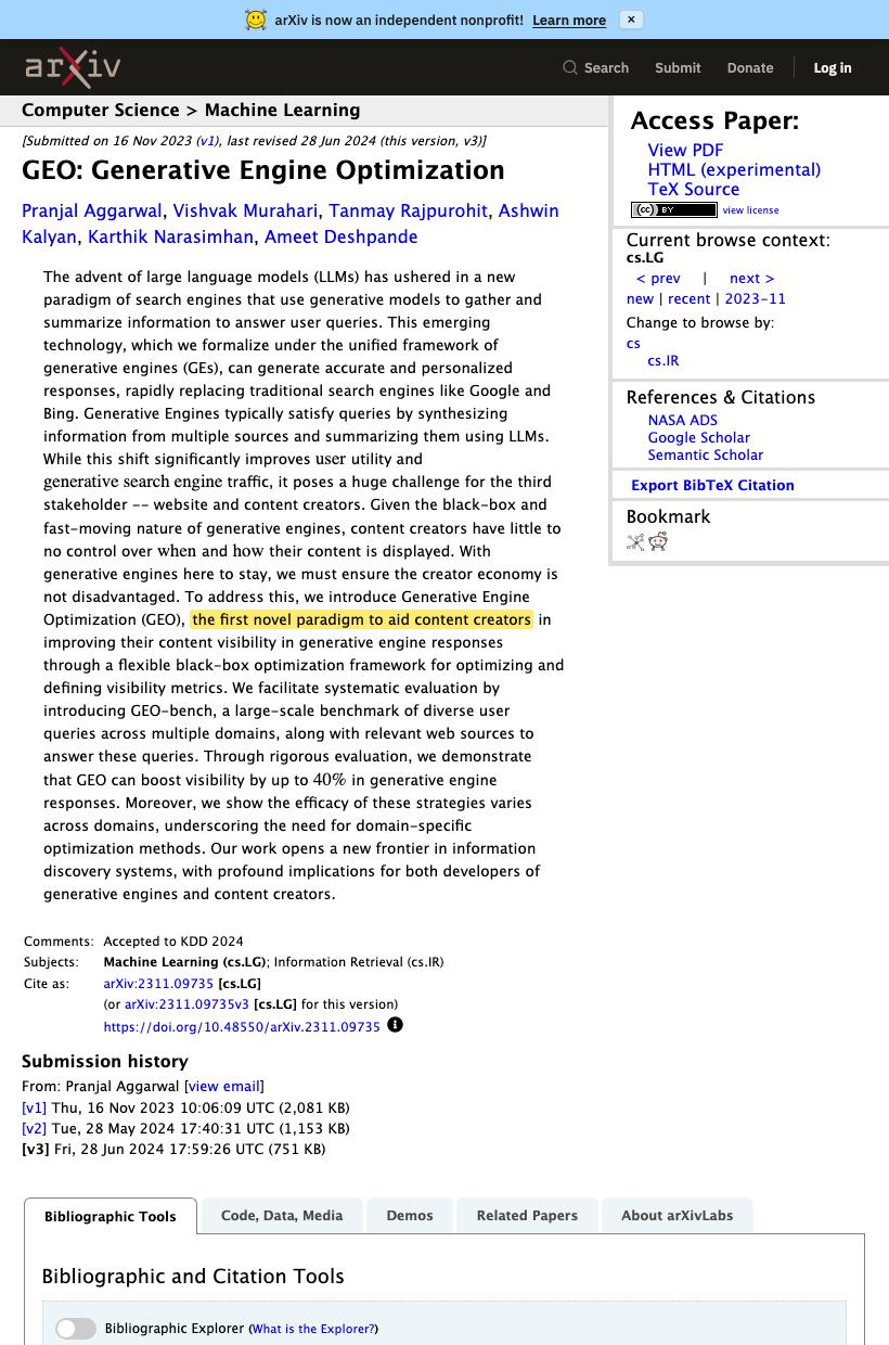 arXiv abstract of the GEO Generative Engine Optimization paper with its definition highlighted