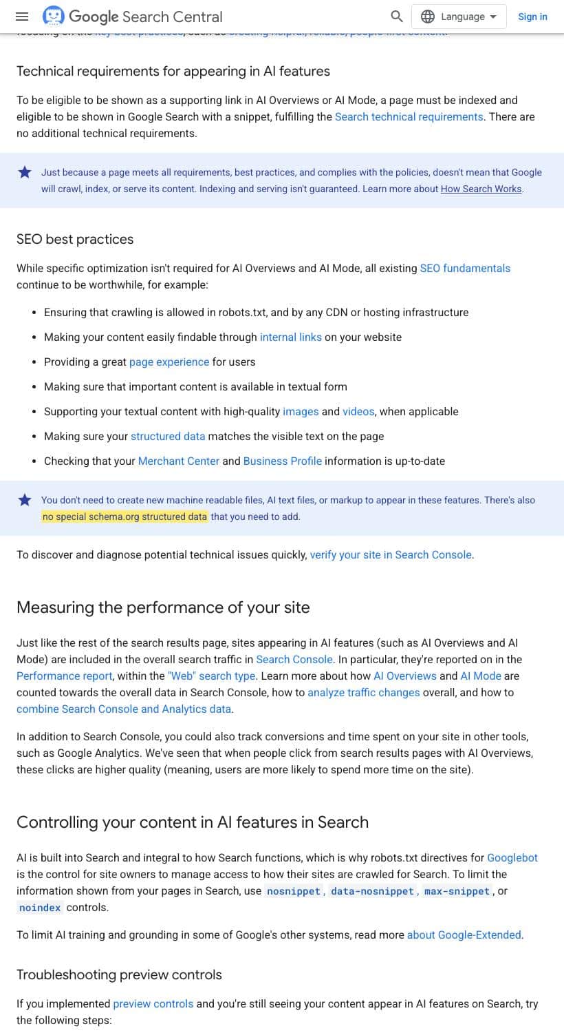 Google Search Central page stating no special schema.org structured data is needed for AI features