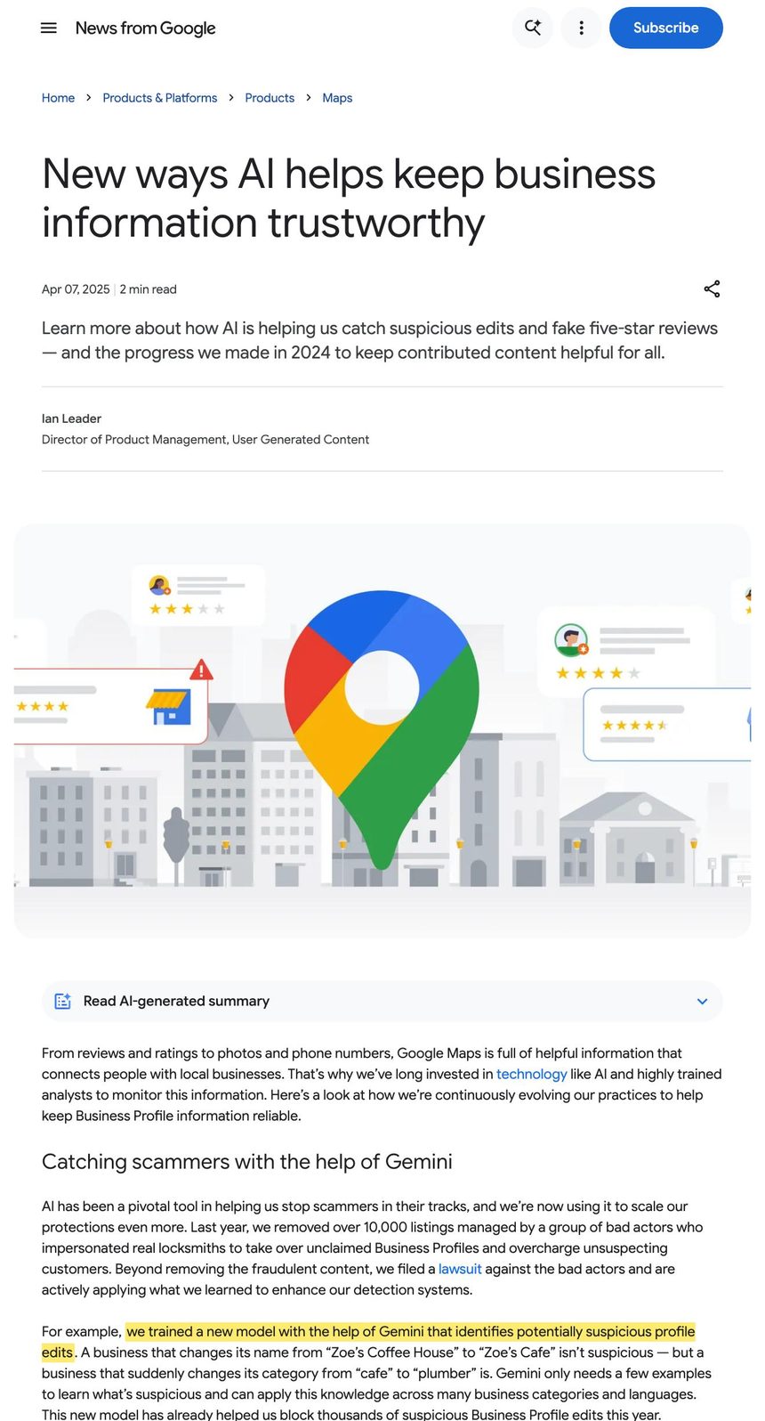 Google blog post highlighting a Gemini trained model that identifies potentially suspicious profile edits.