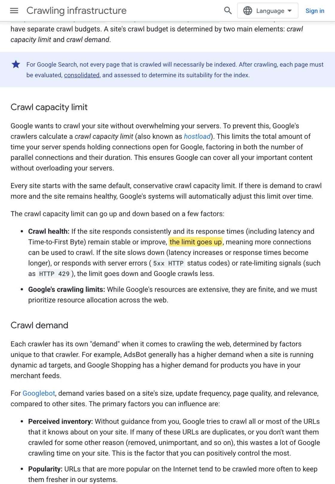 Google crawl budget documentation with the crawl health sentence highlighted