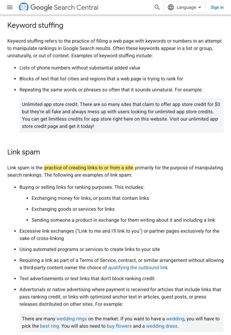 Screenshot of Google Search Central spam policies documentation, Link spam section, with the phrase practice of creating links to or from a site highlighted in yellow