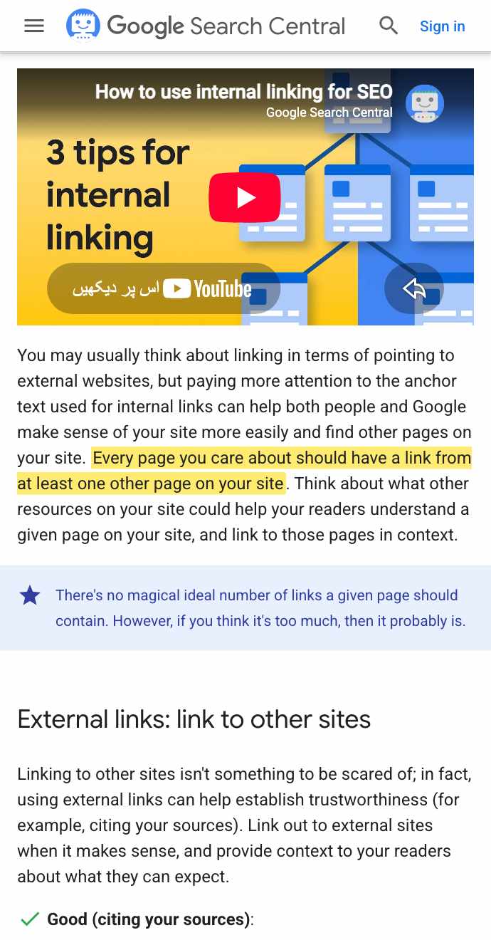 Google Search Central link best-practices page with the sentence that every page you care about should have a link from at least one other page highlighted in yellow