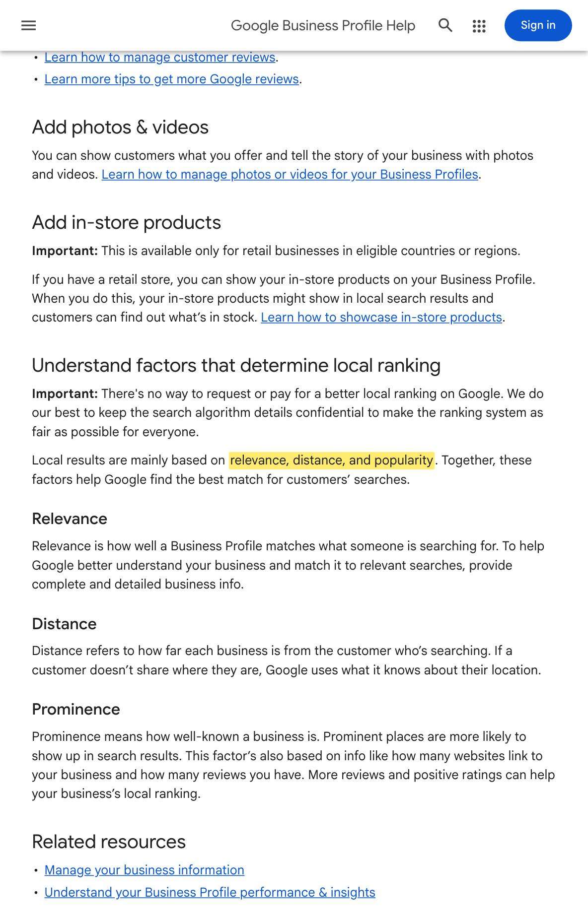 Google Business Profile Help stating local results are based on relevance, distance, and popularity.