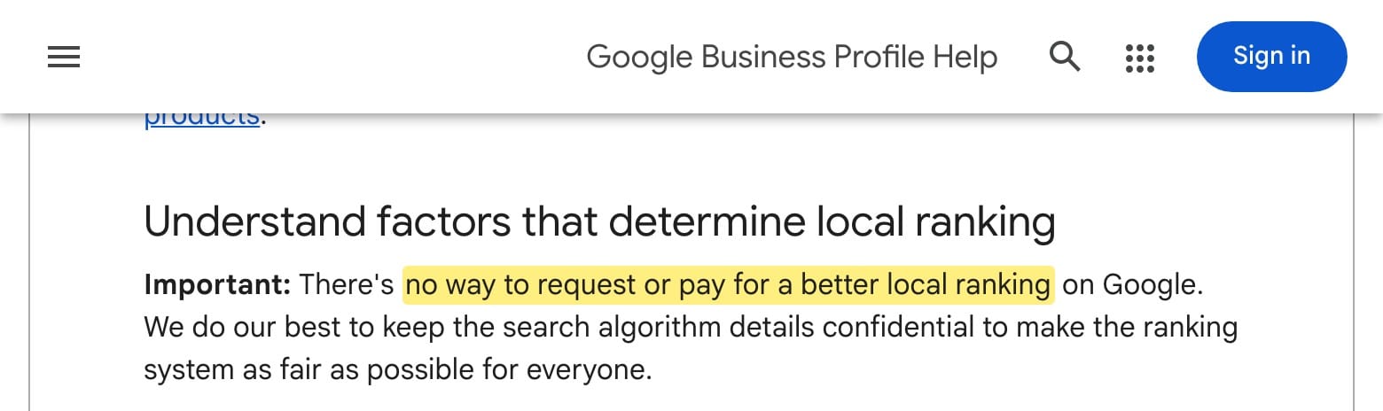 Google Business Profile Help stating there is no way to pay for a better local ranking