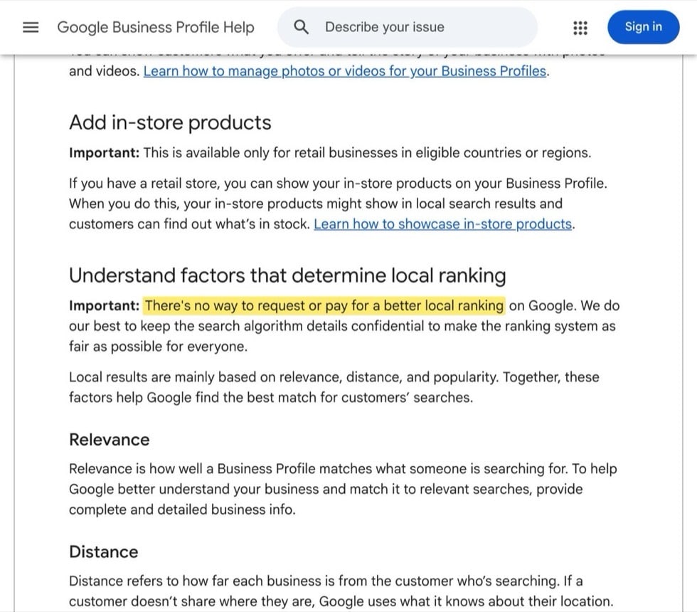 Google Business Profile Help page highlighting that there is no way to request or pay for a better local ranking.