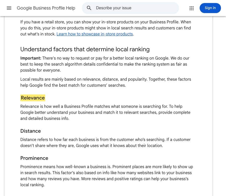Google Business Profile Help page explaining that local ranking is based on relevance, distance, and prominence, with relevance highlighted