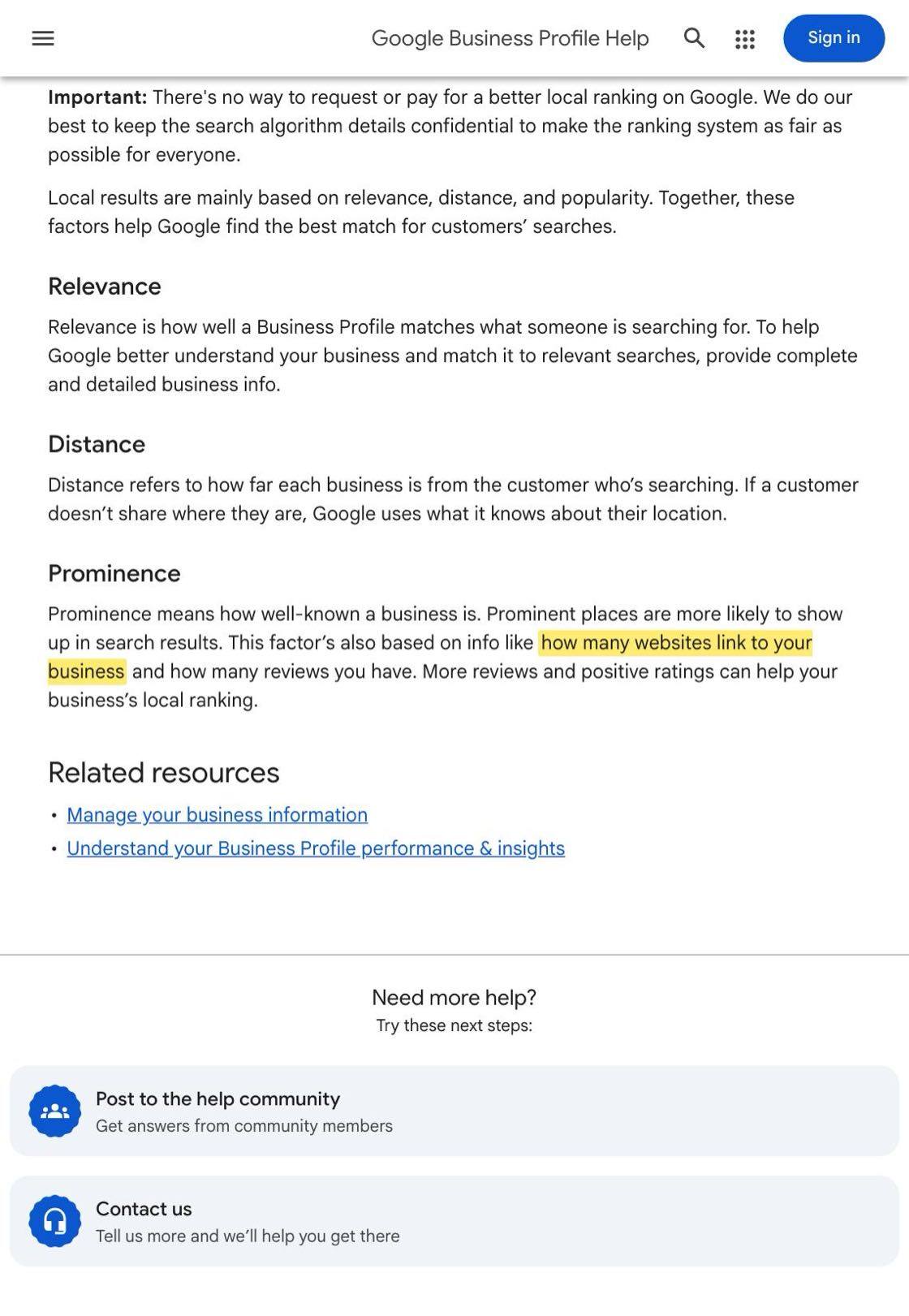 Google local ranking help page with the prominence sentence about links and reviews highlighted