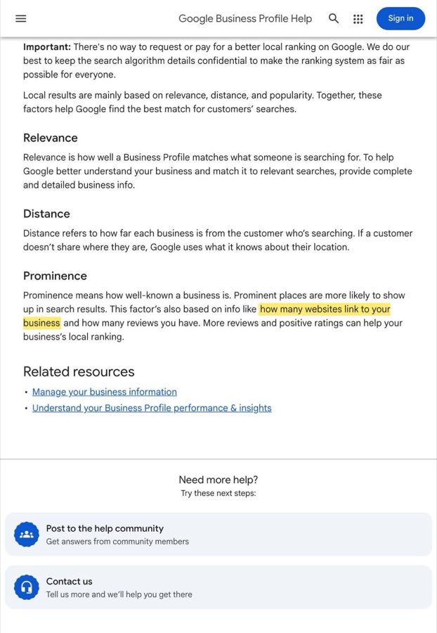 Google local ranking help page with the prominence sentence about links and reviews highlighted