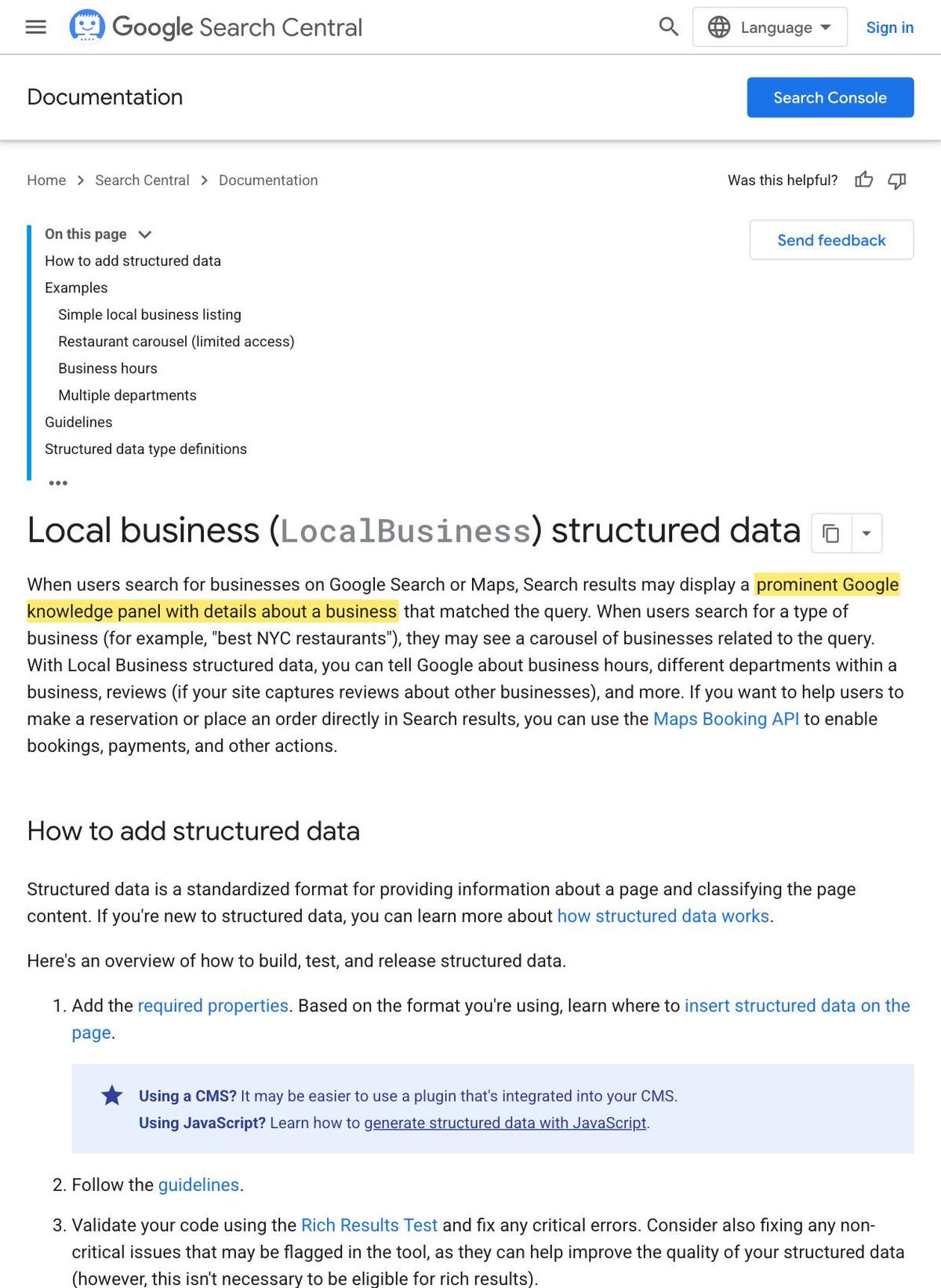 Google Search Central LocalBusiness structured data documentation describing the knowledge panel Search can display for a business.