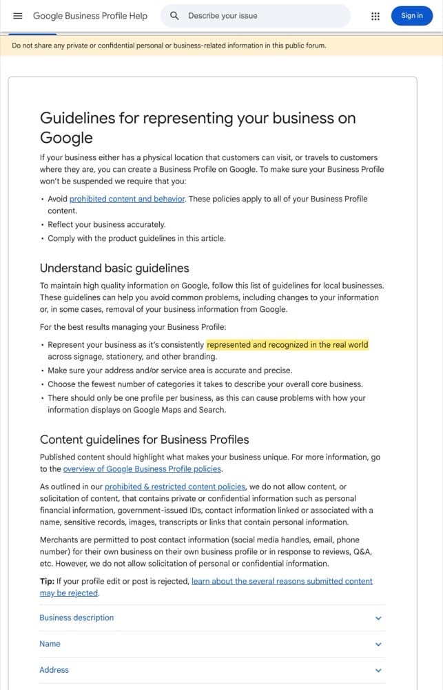 Google guidelines highlighting that a business name must be represented and recognized in the real world.