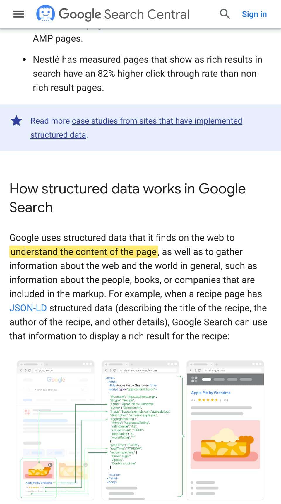 Google Search Central documentation stating structured data is used to understand the content of the page