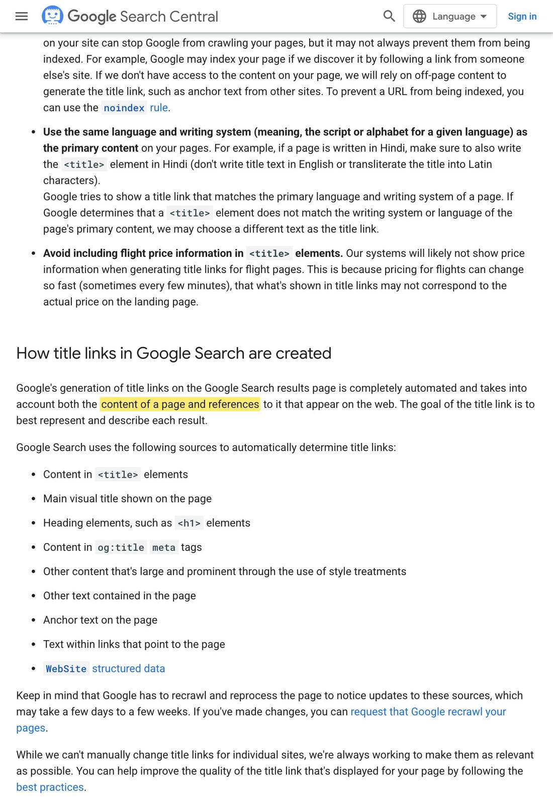 Google Search Central documentation showing that title link generation takes into account the content of a page and references to it