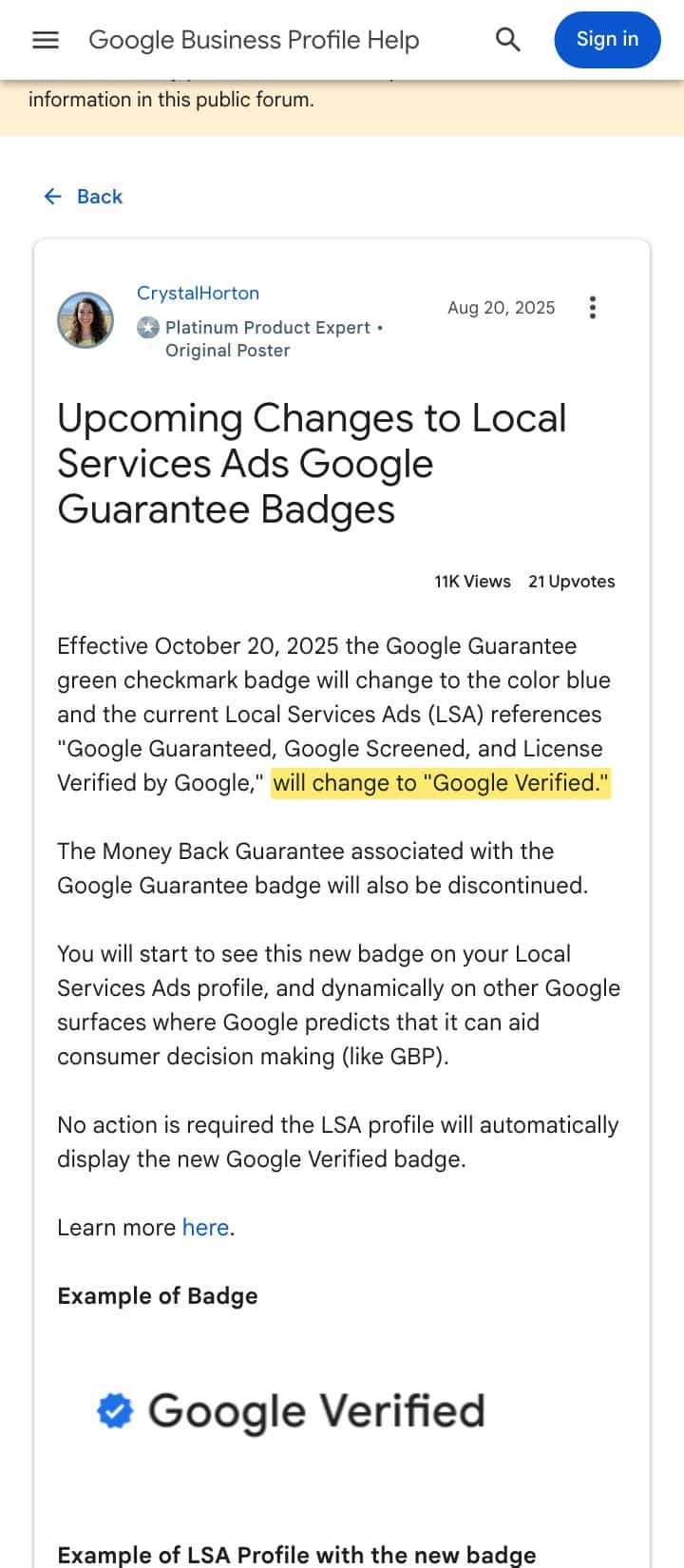 Google Business Profile Help notice dated August 20, 2025 announcing that Google Guaranteed, Google Screened, and License Verified badges change to Google Verified effective October 20, 2025, with the money back guarantee discontinued
