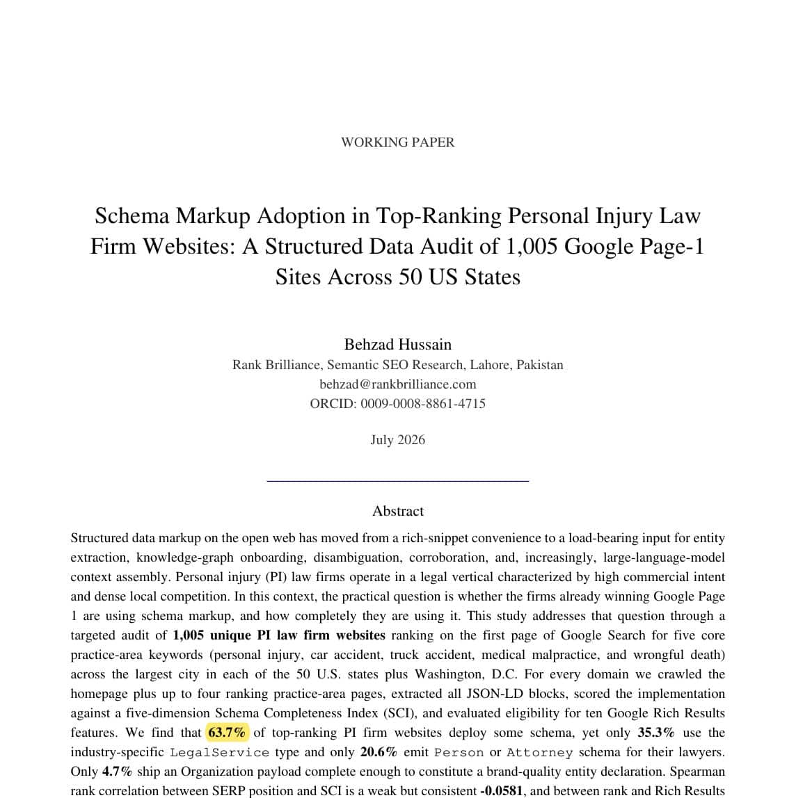 Screenshot of the abstract page of the ResearchGate working paper Schema Markup Adoption in Top-Ranking Personal Injury Law Firm Websites showing the 63.7% headline finding highlighted in marker yellow