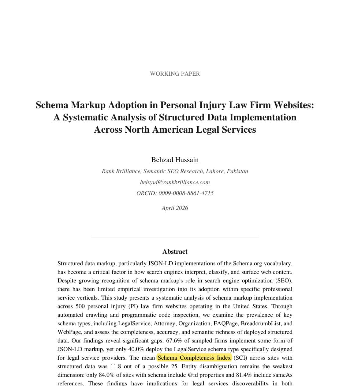 Screenshot of the SSRN working paper Schema Markup Adoption in Personal Injury Law Firm Websites, abstract page with Schema Completeness Index term highlighted marker yellow