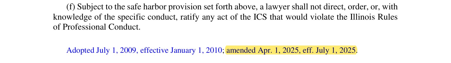 Illinois Rule of Professional Conduct 7.2 signed PDF showing amended April 1 2025 effective July 1 2025