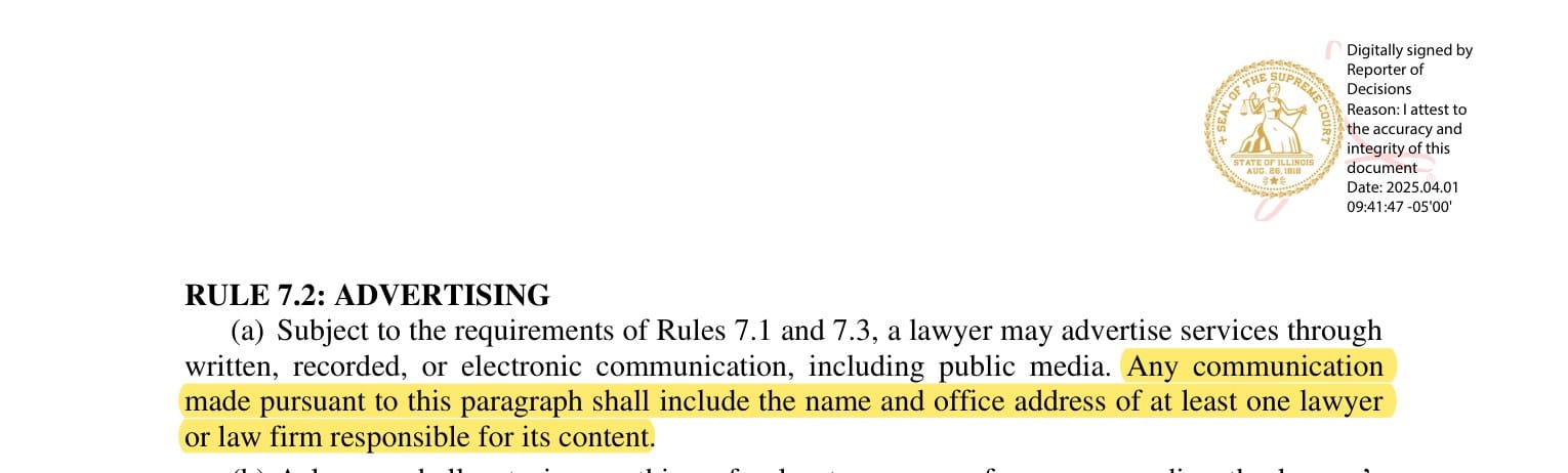 Illinois Rule 7.2 advertising text highlighting the requirement to include the name and office address of a responsible lawyer