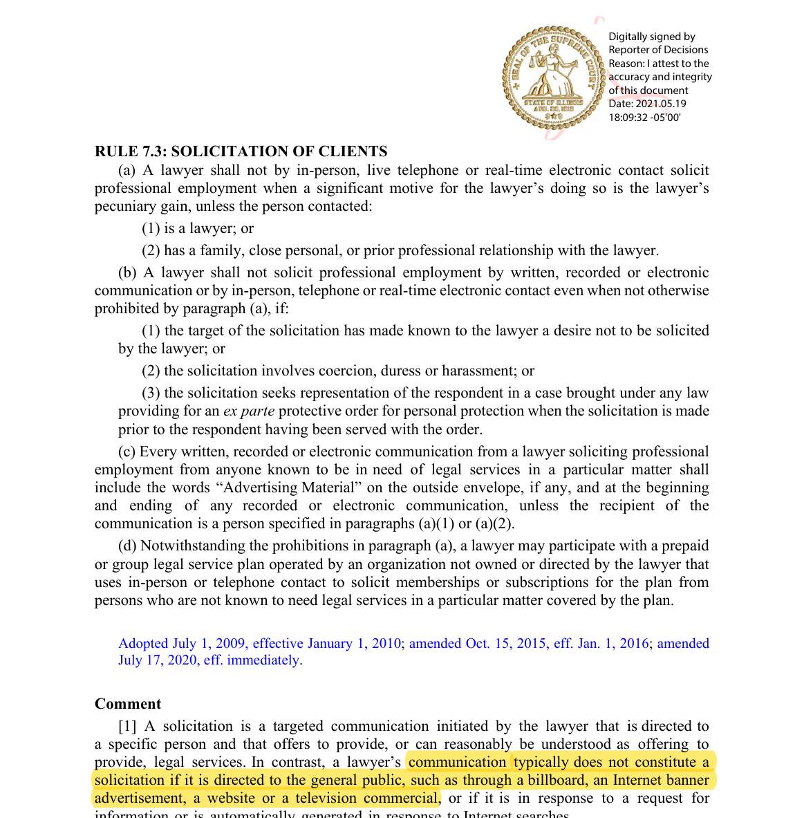 Illinois Rule 7.3 solicitation rule with Comment 1 highlighted stating a website is typically not a solicitation