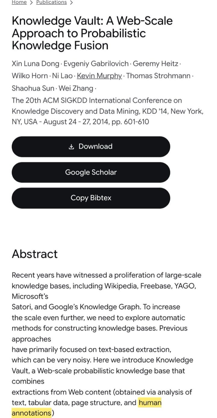 Google Knowledge Vault paper listing human annotations as one of four web extraction sources fused into the knowledge graph