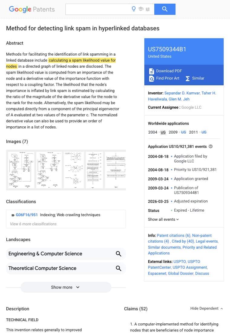 Screenshot of Google Patents page for US 7,509,344 B1 Method for Detecting Link Spam in Hyperlinked Databases, assignee Google LLC, with the phrase calculating a spam likelihood value for nodes highlighted in yellow