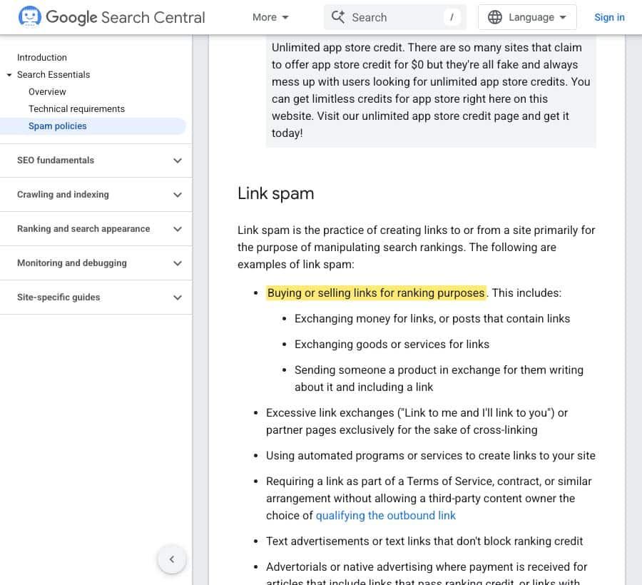 Google Search Central spam policies page listing buying or selling links for ranking purposes as link spam
