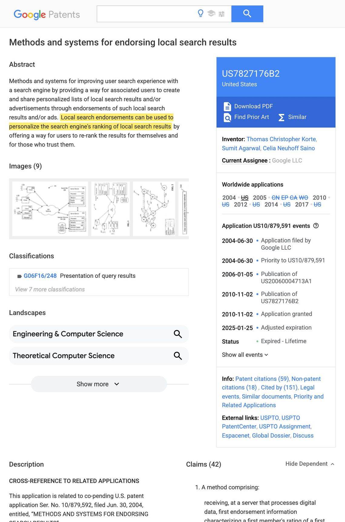Google Patents record for US Patent 7,827,176 B2, Methods and Systems for Endorsing Local Search Results, filed 2004, with the local search endorsement personalization sentence highlighted in yellow