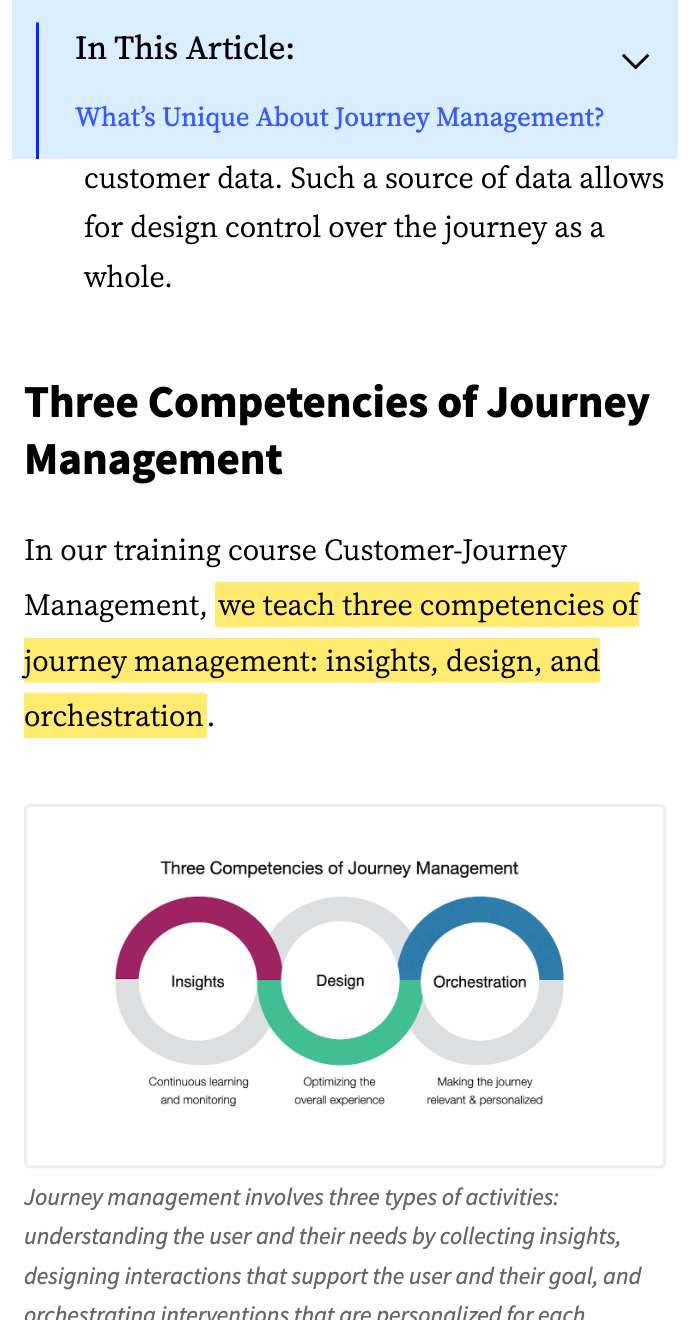 Nielsen Norman Group page with the sentence naming the three competencies of journey management, insights, design, and orchestration, highlighted in yellow