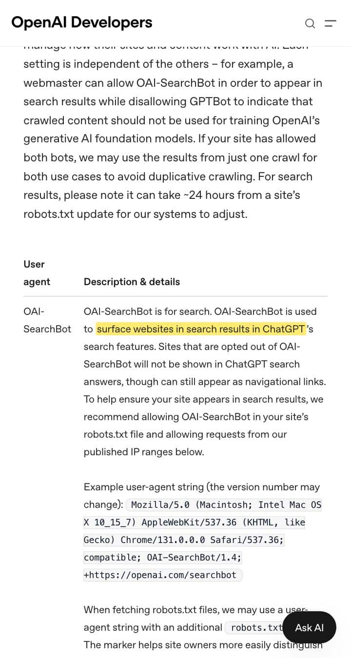 OpenAI developer documentation showing OAI-SearchBot is used to surface websites in search results in ChatGPT's search features.