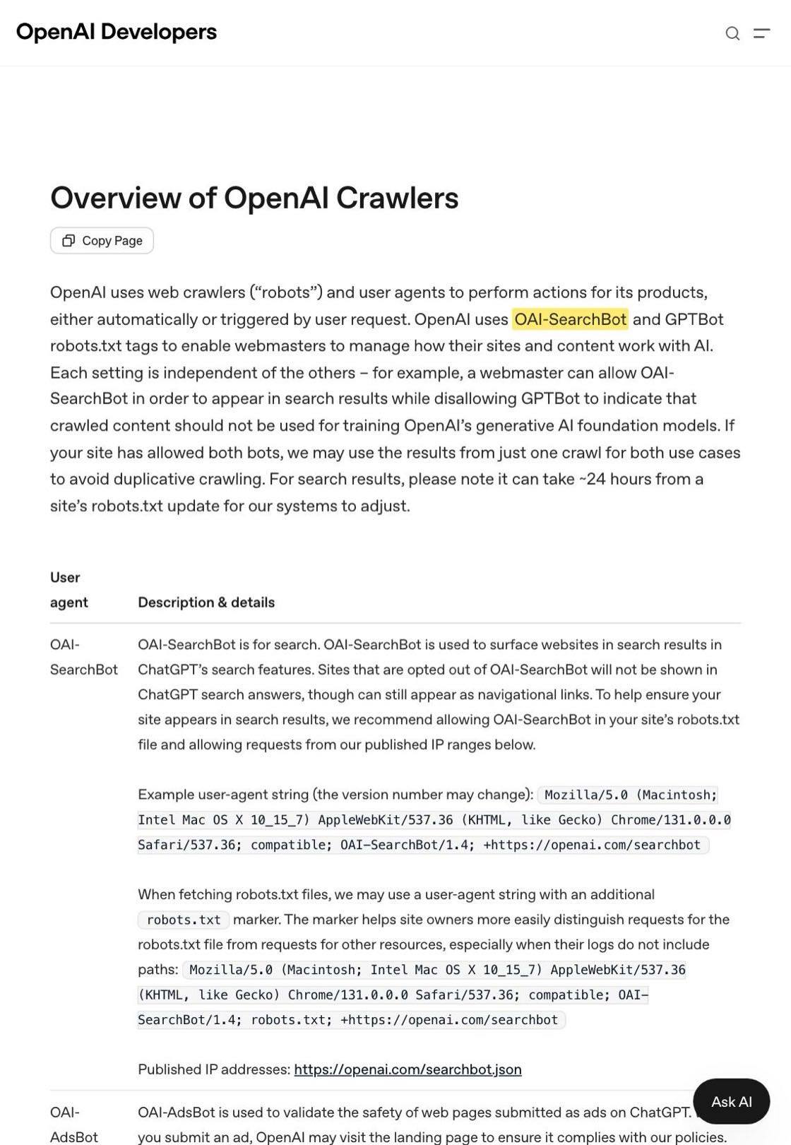 OpenAI crawler documentation with OAI-SearchBot highlighted